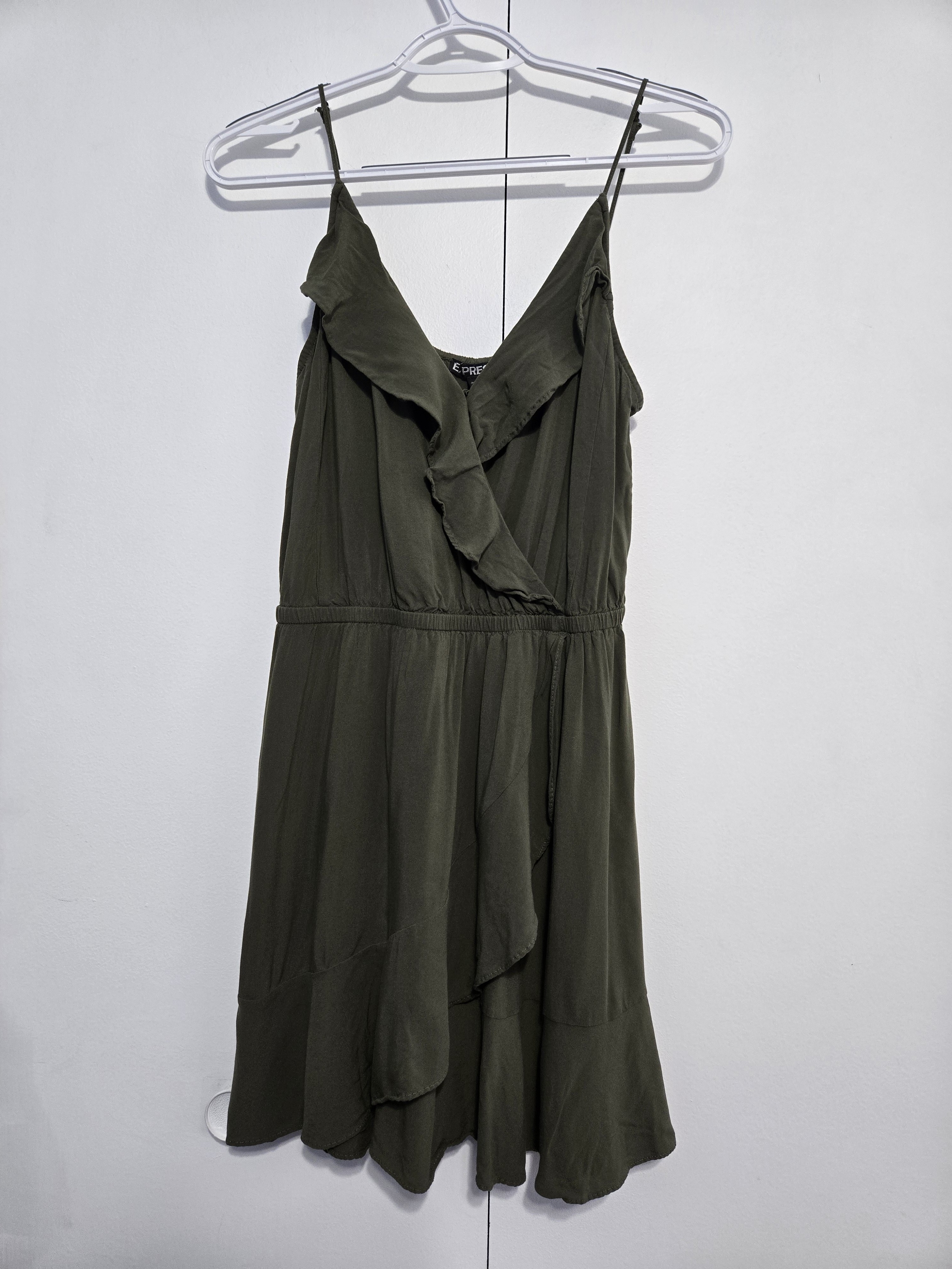 Express Olive Green Ruffle Wrap Mini Dress Women's Medium Adjustable Straps